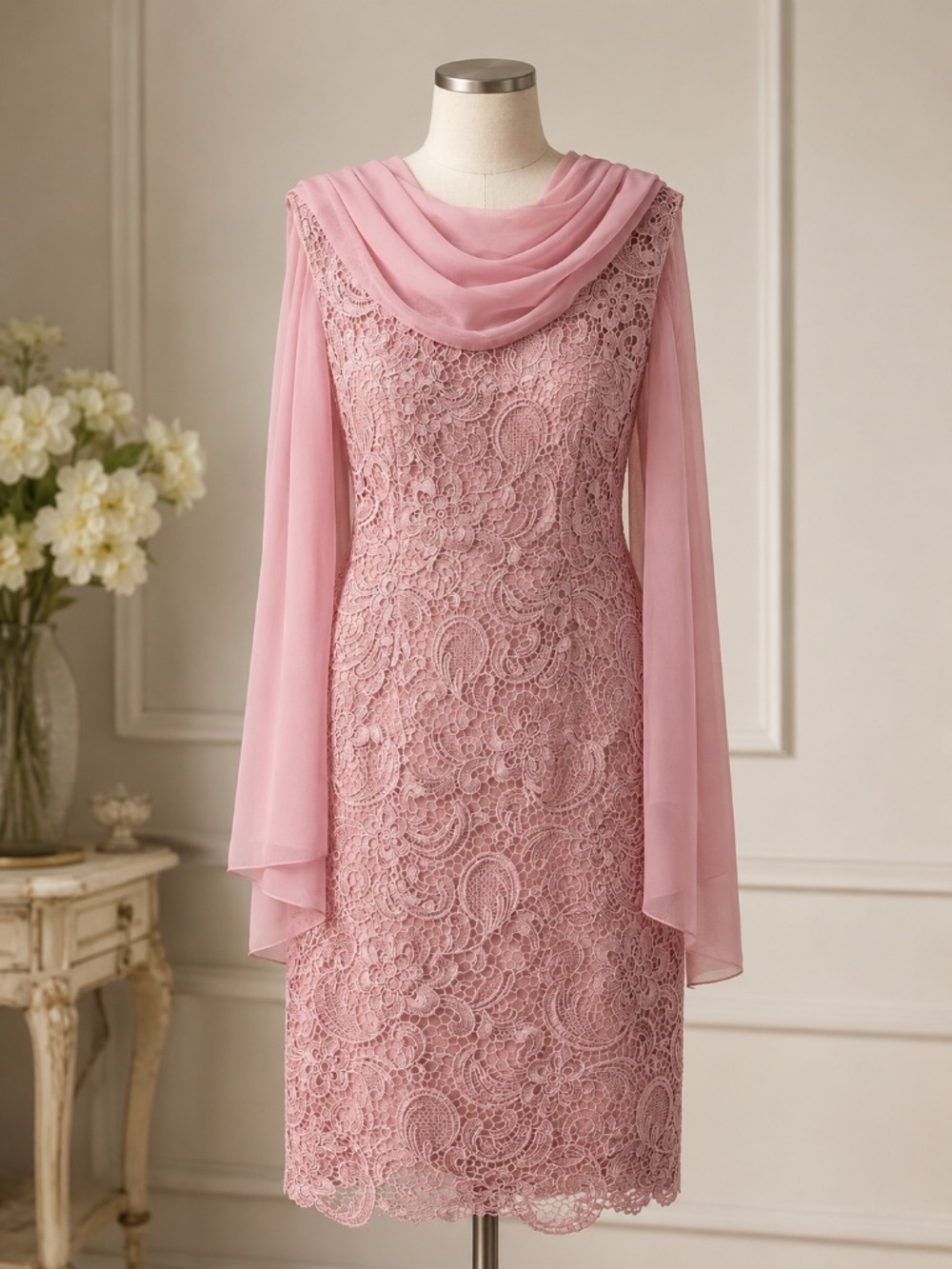 Pink Lace Knee-Length Cocktail Dress with Matching Shawl